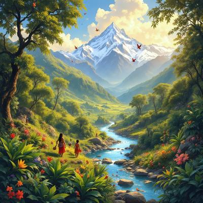 The primary subject of the image is a painting of a woman and a child walking through a lush, green forest. The setting is a beautiful, natural environment with a river flowing through it. The visual style is an illustration, and the colors and mood are vibrant and serene.